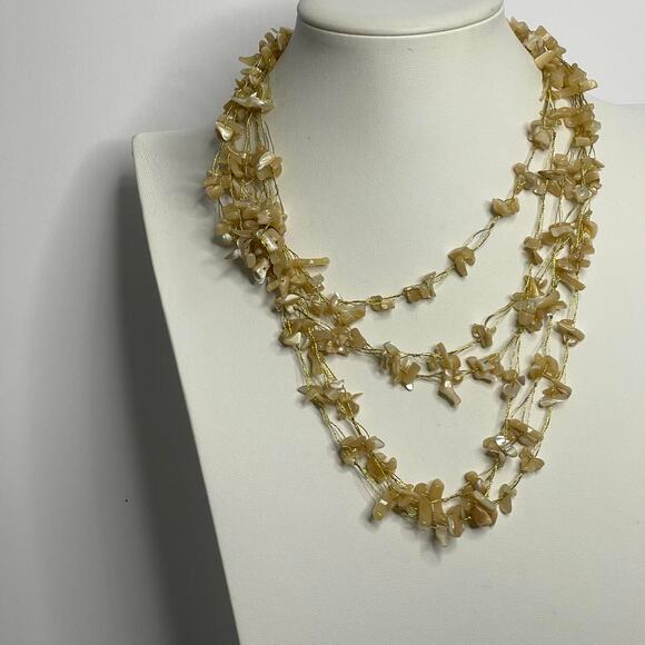 neutral natural beaded rock chip necklace taupe cream multi strand tribal boho - Picture 5 of 7